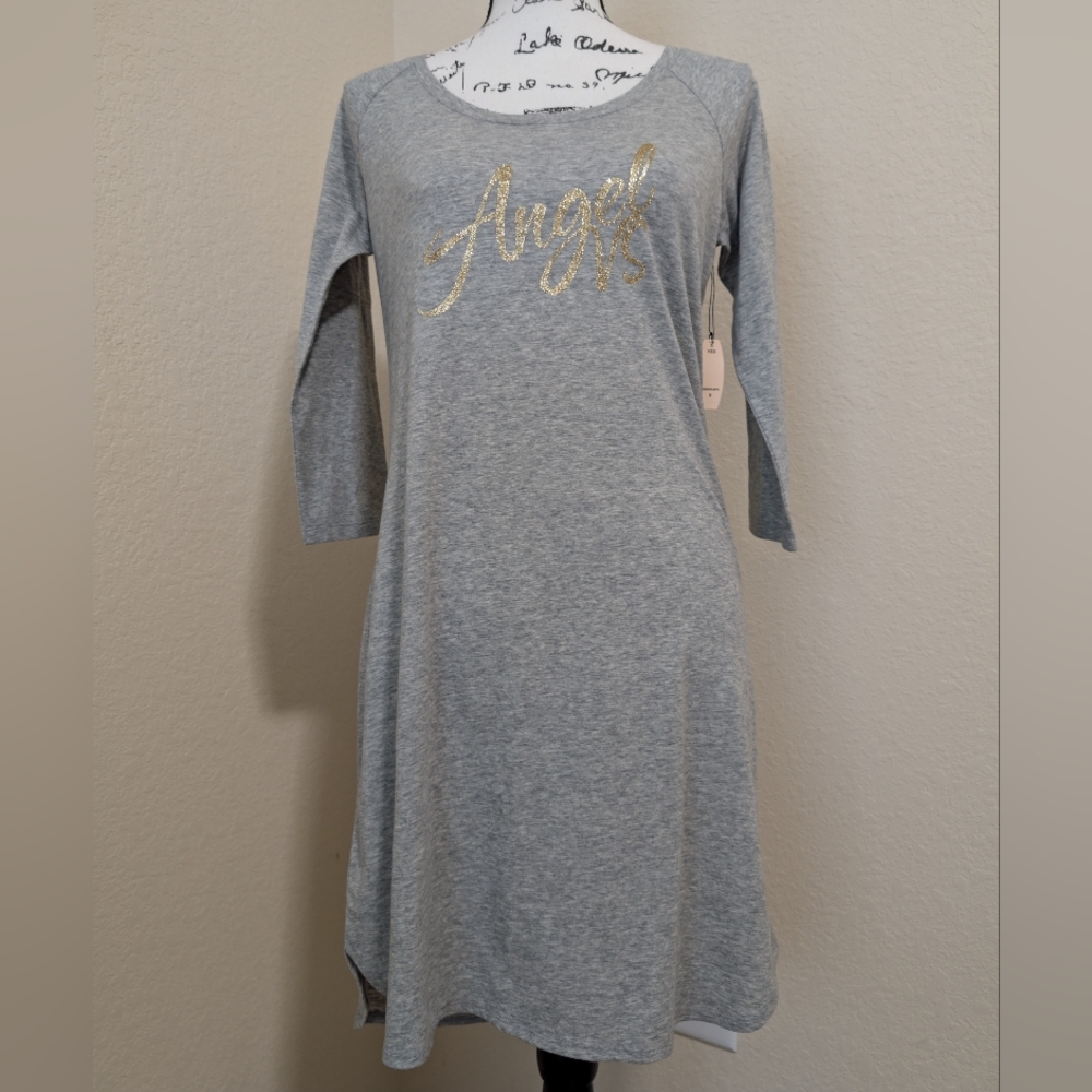NWT•Victoria's Secret 3/4 Sleeve Gray Pajama Tee Dress w/Gold Glitter Graphic•SM